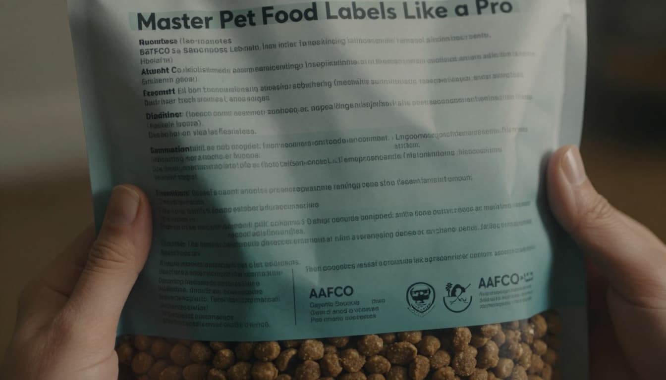 Pet food label on a kibble bag against a neutral background, emphasizing the ingredients list and AAFCO statement with soft lighting, cinematic style, strong contrast, and dramatic depth. Label slightly angled, single product visible, no hands, text, people, or watermarks.