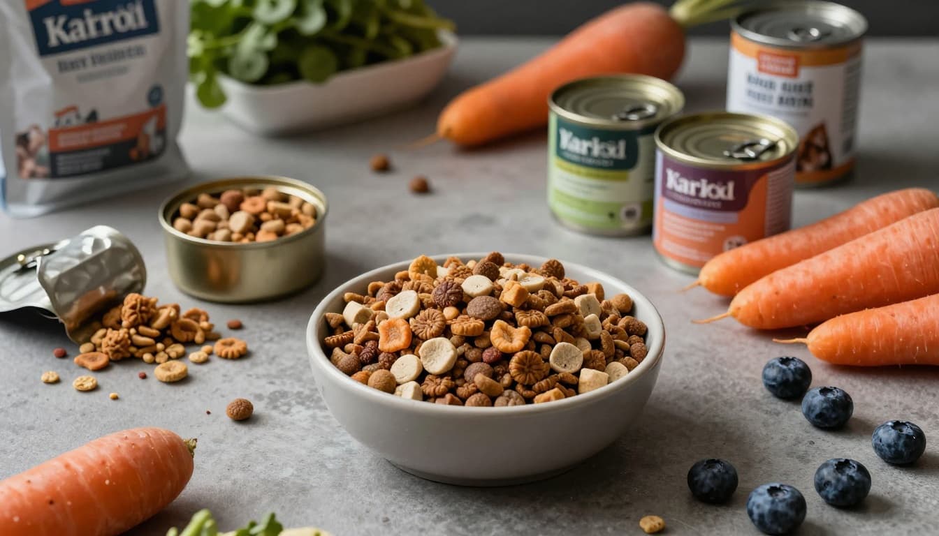 Top-down composition of dry kibble in a bowl, open wet food can, freeze-dried treats, fresh carrots, and blueberries on a clean counter, captured in cinematic style with strong contrast, depth, and dramatic lighting.