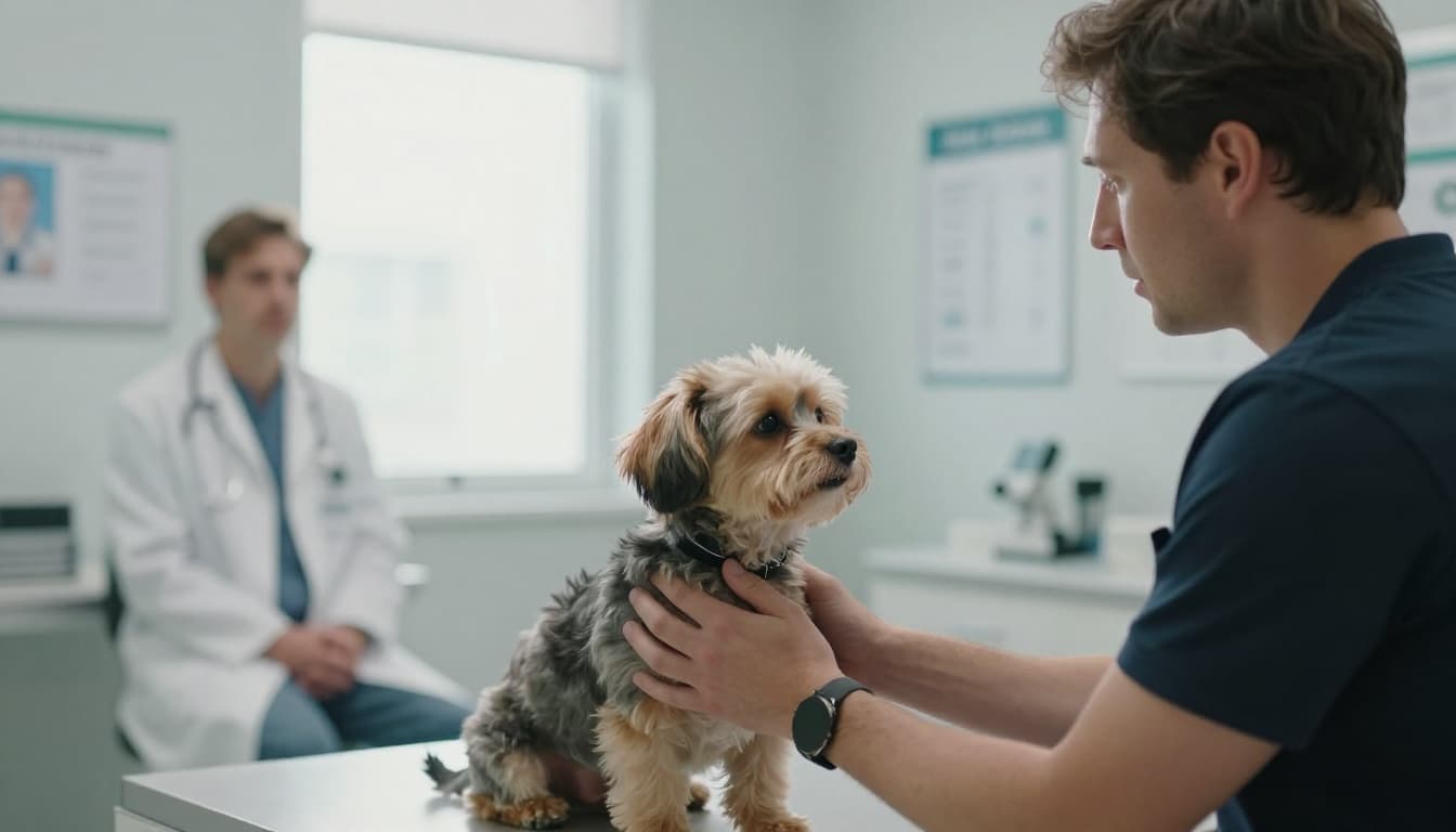 A concerned pet owner holds a small dog in their arms while talking to a veterinarian in a modern clinic exam room with blurred charts on the wall, bright clinical lighting, and dramatic cinematic style.