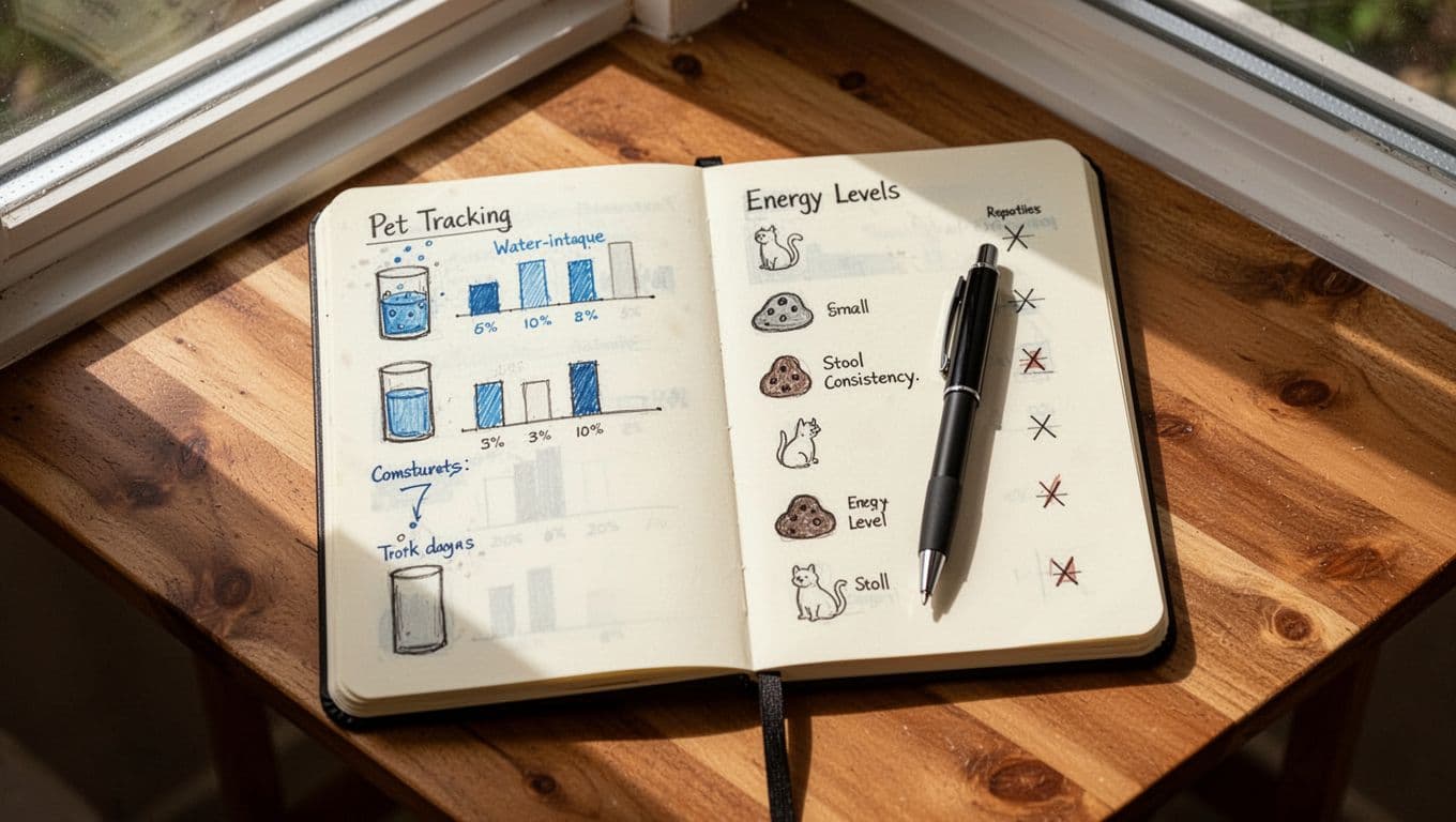 Notebook open on a wooden table with a pen, displaying simple pet tracking notes including water intake chart, poop consistency icons, and energy level marks in a top-view flat lay with natural window light.
