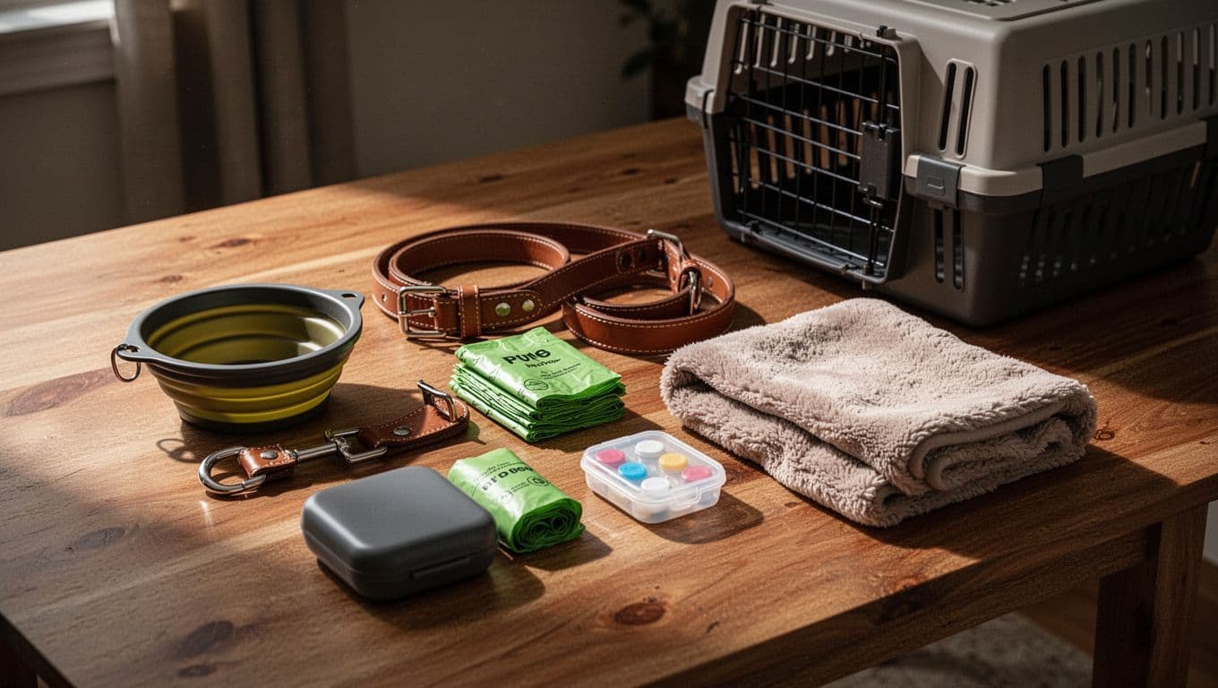 Assortment of essential pet travel items on a wooden table, including collapsible bowl, leash, waste bags, medication case, familiar blanket, and nearby hard-sided crate, in a cinematic home packing scene.