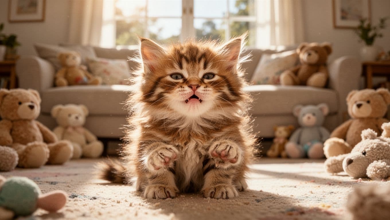 A single fluffy kitten sneezes lightly and playfully in a bright cozy indoor living room surrounded by soft toys, bathed in warm natural window light. The landscape composition focuses on the kitten's face and paws with cinematic style, strong contrast, depth, and dramatic lighting.