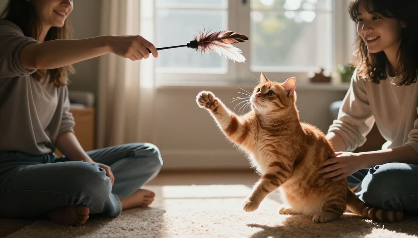 Curious orange tabby cat pounces mid-air on a feather wand toy dangled by its owner in a cozy sunlit living room, emphasizing interactive play for deeper bonding.
