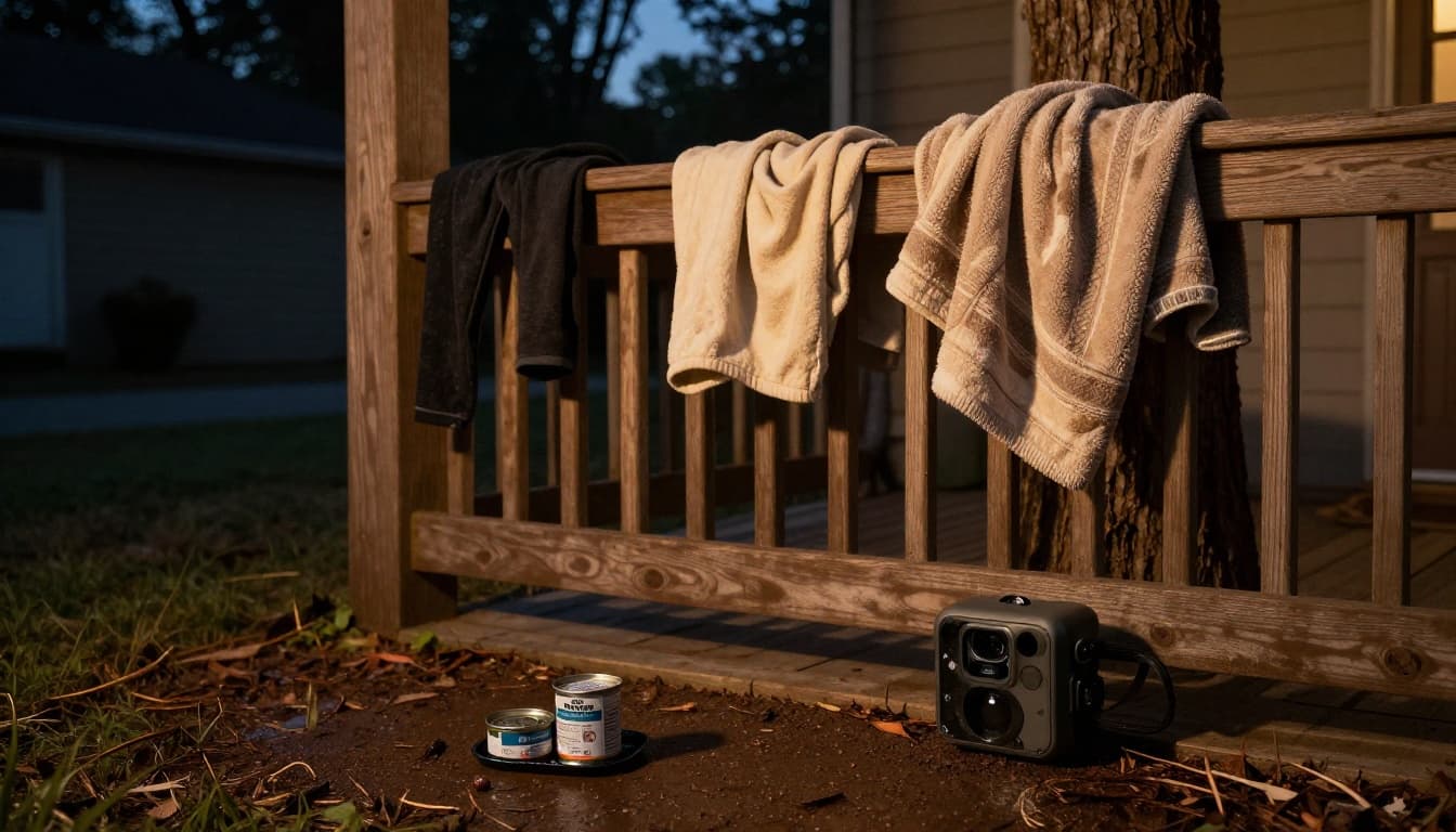 Unwashed blanket and dirty clothes on wooden porch railing with tuna food station and low trail camera for cat attraction in suburban yard.
