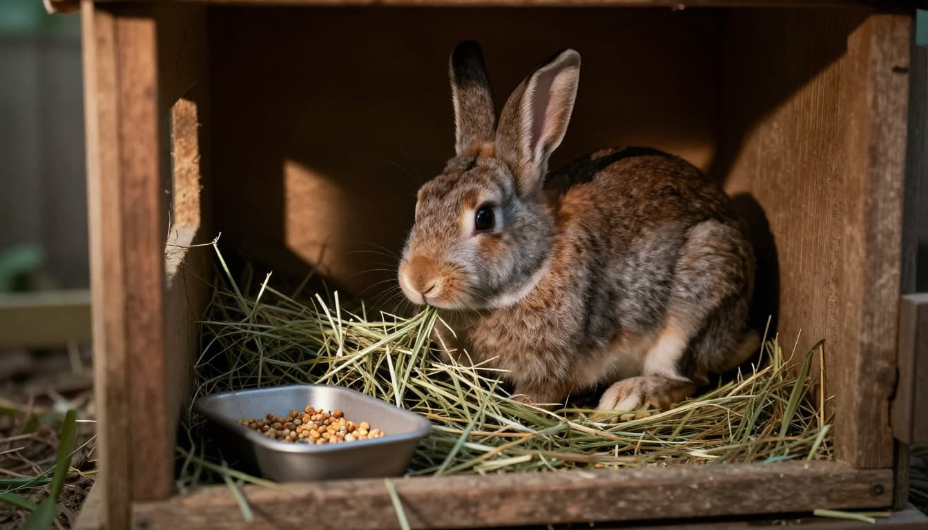 A rabbit munches on timothy hay inside a rustic wooden hutch with pellets nearby in a dish, set in an outdoor enclosure with diffused sunlight and cinematic dramatic lighting.