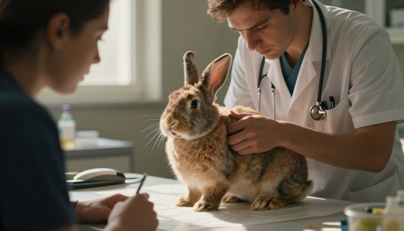 A veterinarian gently examines a domestic rabbit's teeth and ears on an exam table in a bright, naturally lit vet office, emphasizing careful handling and pet care.