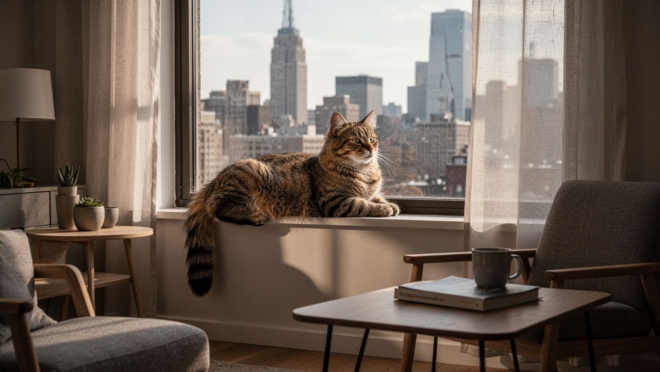 Cozy modern apartment interior featuring exactly one relaxed cat on a windowsill overlooking a city view, with soft afternoon light, shadows, and simple furniture in cinematic style.