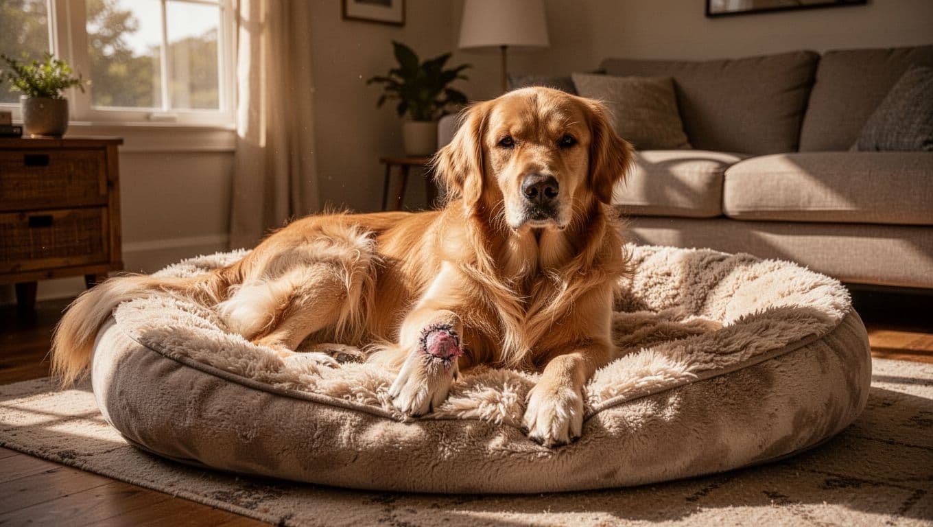 A relaxed golden retriever rests on a soft cozy bed in a sunny home living room, one paw slightly raised showing mild soreness from a recent vaccine, captured in warm natural window light with cinematic style, strong contrast, depth, and dramatic lighting.