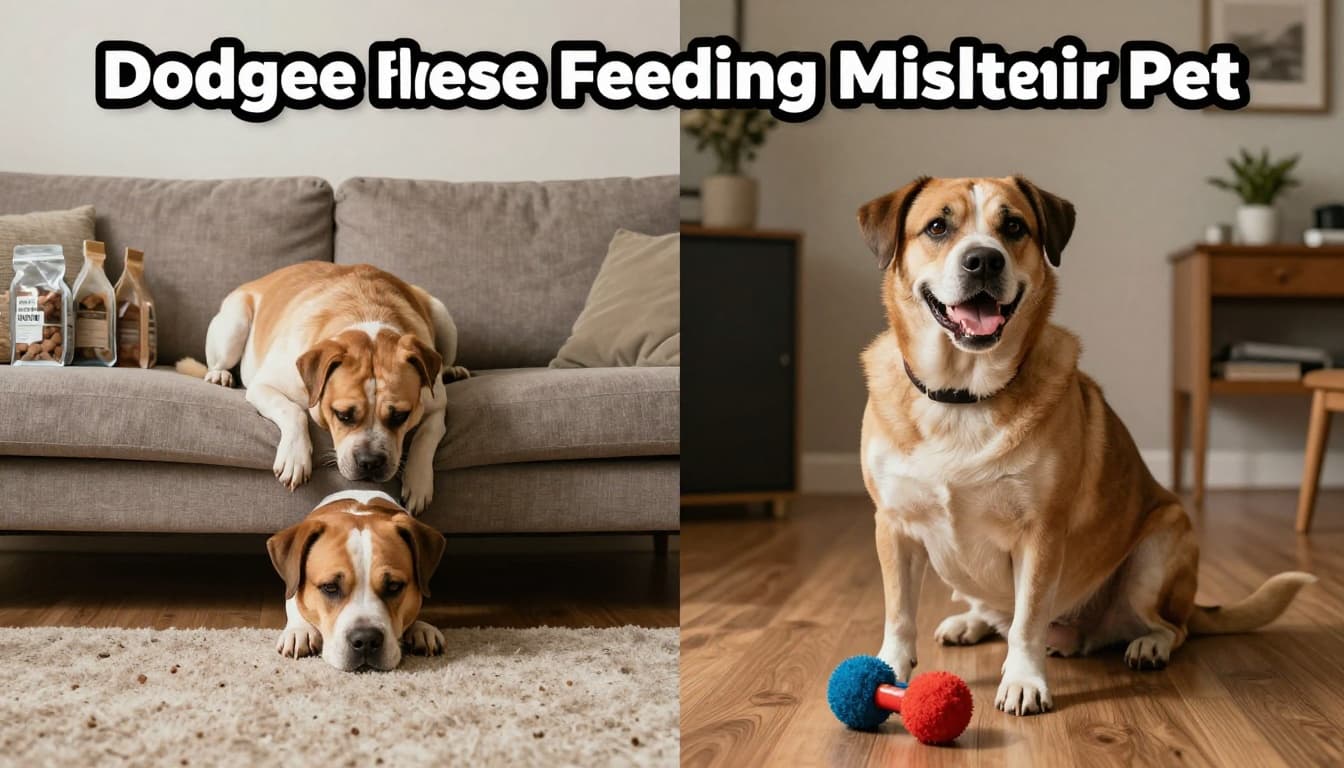 Split cinematic scene contrasting a sad overweight dog on a couch next to empty treat bags with a fit happy dog playing with a toy in a home environment, dramatic lighting and strong contrast.
