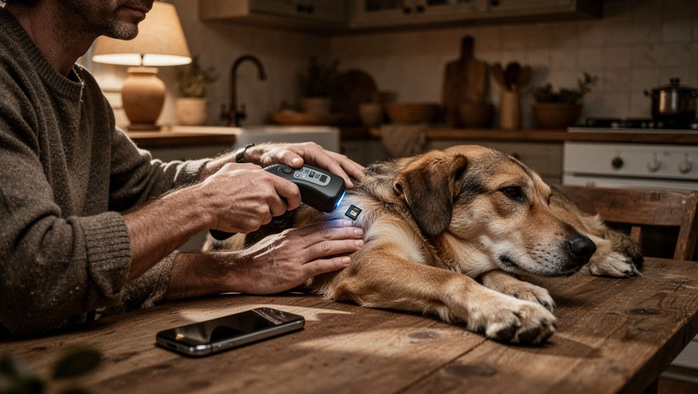 One person at a kitchen table scans a relaxed dog's microchip using a handheld scanner held near its neck, with a phone showing an open GPS app nearby under warm indoor lamp light in a cinematic style.