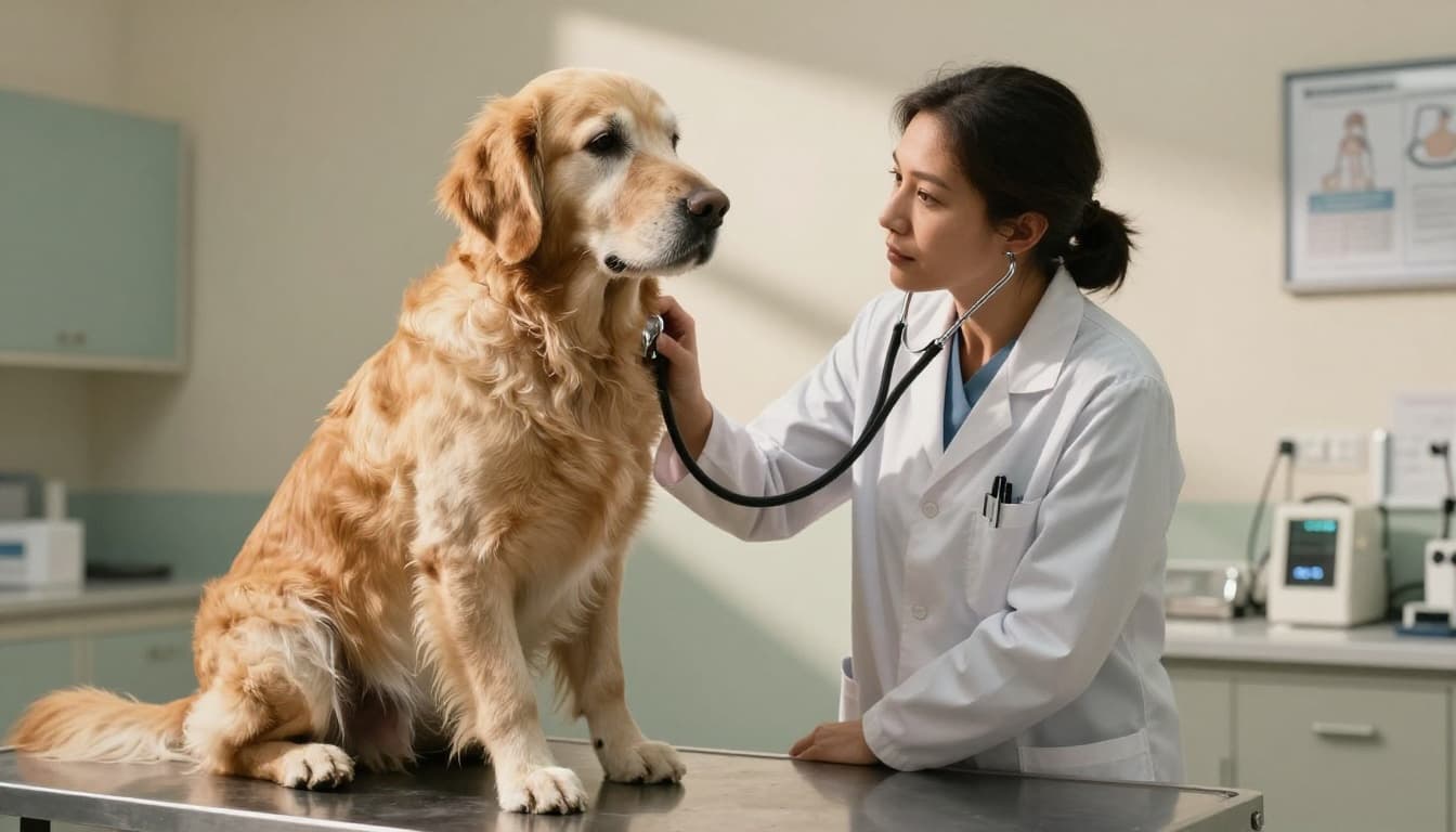 An elderly golden retriever with gray muzzle sits calmly on a vet exam table as a veterinarian checks its joints and listens to its heartbeat with a stethoscope, in soft clinic lighting with warm earth tones.