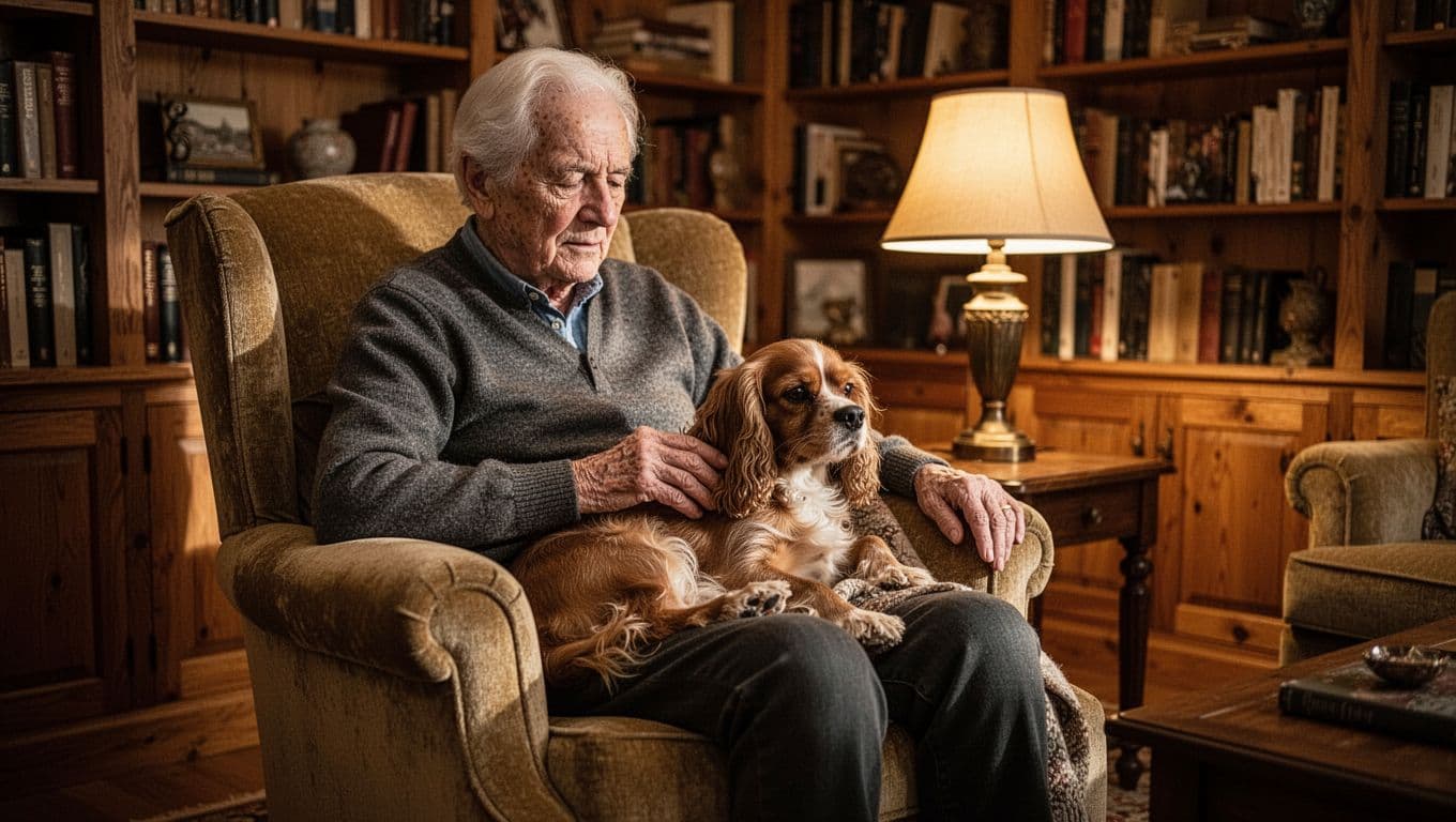 Senior person sitting comfortably in an armchair petting a small Cavalier King Charles Spaniel on their lap in a cozy room with bookshelves and soft lamp light creating a warm glow and shadows. Cinematic style with strong contrast, depth, and dramatic lighting.