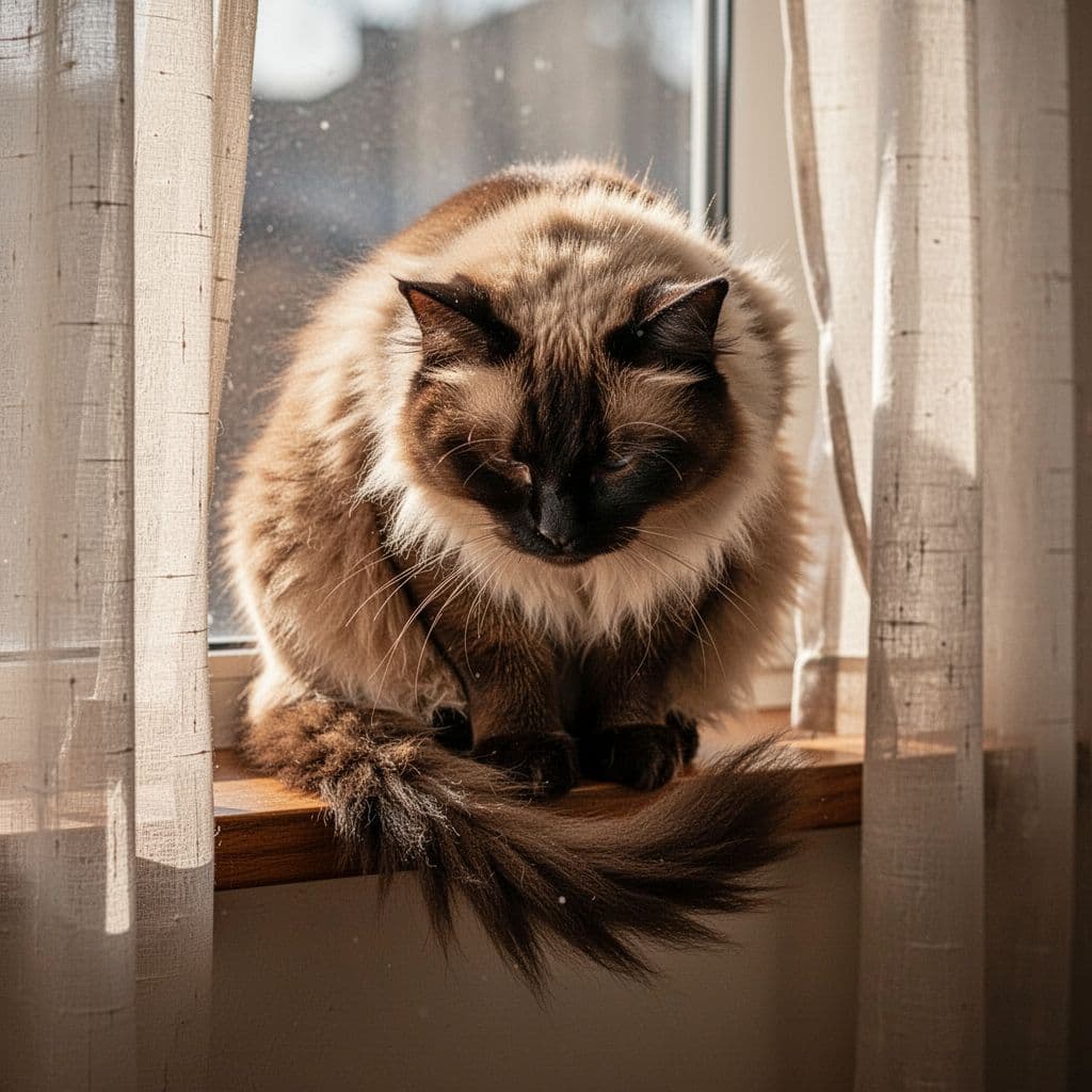A Siamese cat in a hunched posture on a windowsill with fluffed fur, squinted eyes, and low twitching tail, illuminated by soft sunlight filtering through curtains. Realistic indoor close-up photo conveying a serene but tense mood through subtle body language cues of discomfort.