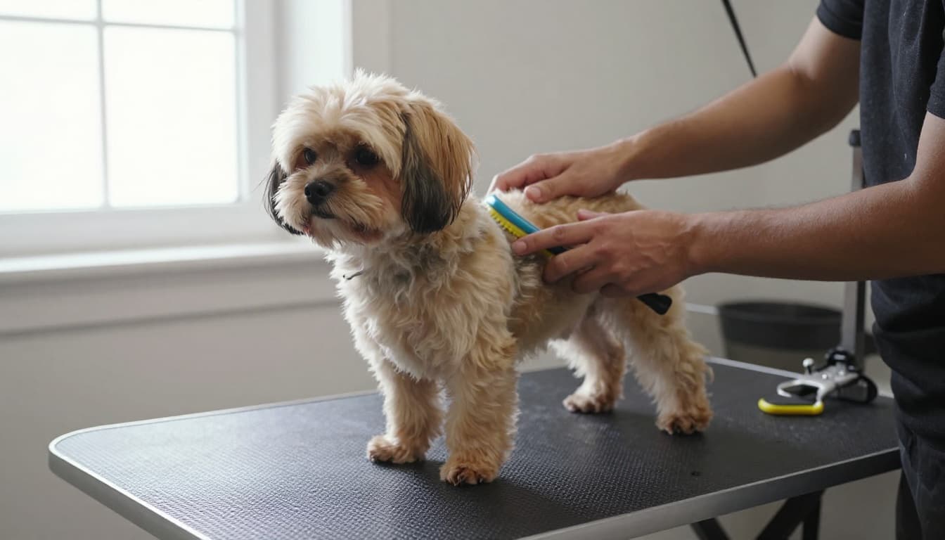 A person gently brushes a small dog's coat on a grooming table in a bright home bathroom, with the dog sitting calmly, demonstrating a simple daily grooming routine.