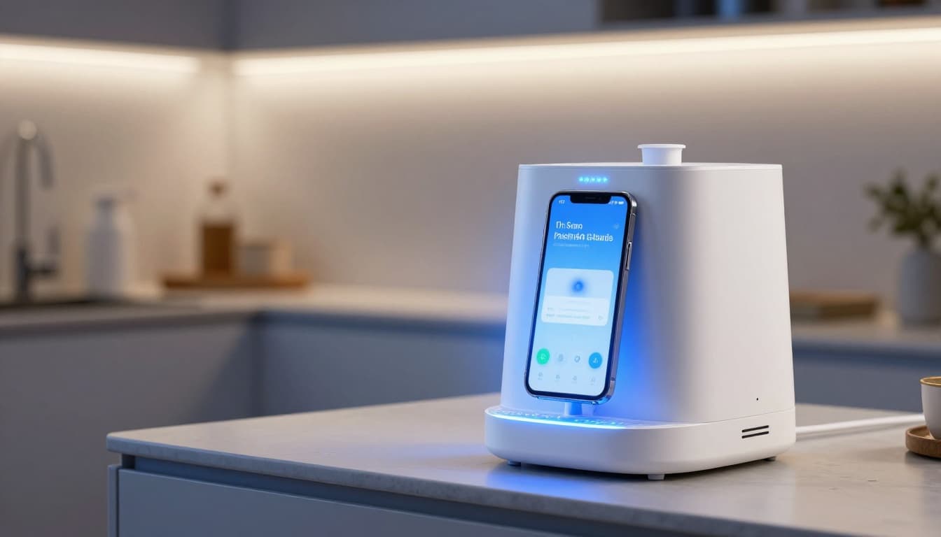 Smart AI pet water fountain on a minimalist kitchen counter with blurred app notification on nearby phone and LED water level indicators, cinematic lighting in cool blue tones.