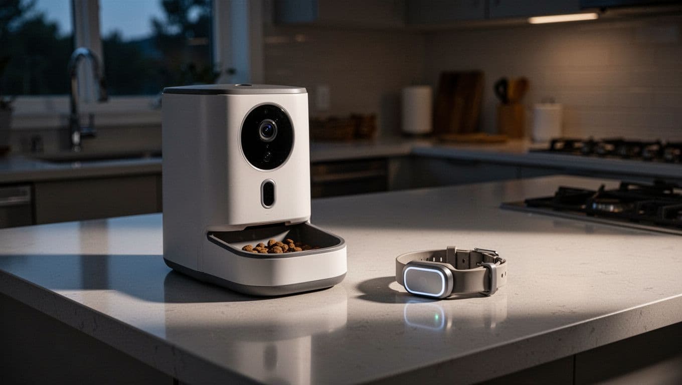 Smart pet feeder device with camera on a kitchen counter dispensing treats, next to a dog collar with sensor, in a modern kitchen setting with soft evening light and cinematic style.