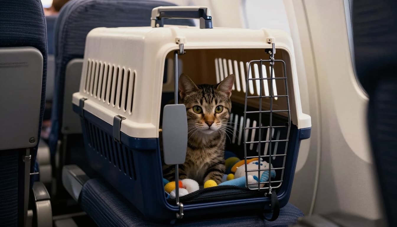 A small tabby cat inside a ventilated soft airline carrier placed under an airplane economy seat, zipper closed with toys inside, in a cinematic airplane cabin with dramatic lighting.