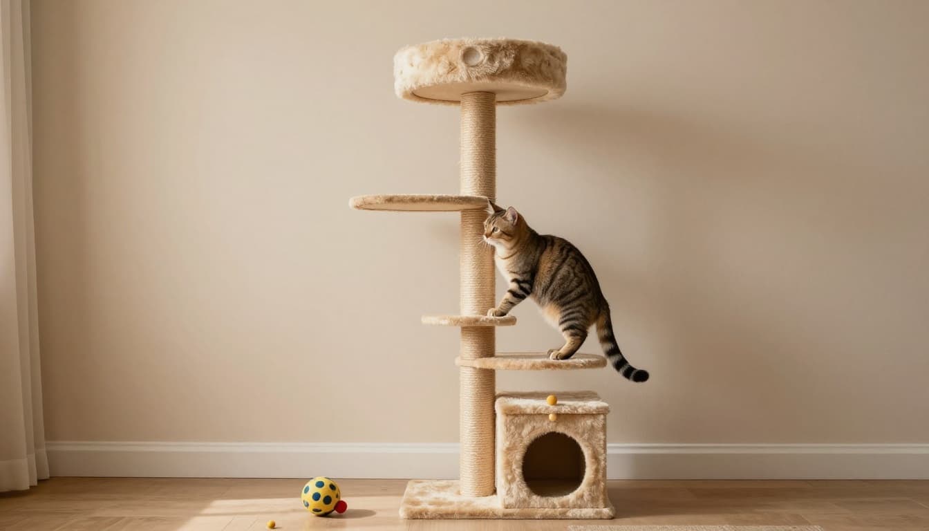 A tabby cat in a relaxed pose climbs a tall cat tree with scratching posts in a bright living room corner, with toys scattered on the floor below to highlight vertical space usage. Cinematic style featuring strong contrast, depth, dramatic lighting, warm earth tones, and desaturated palette.