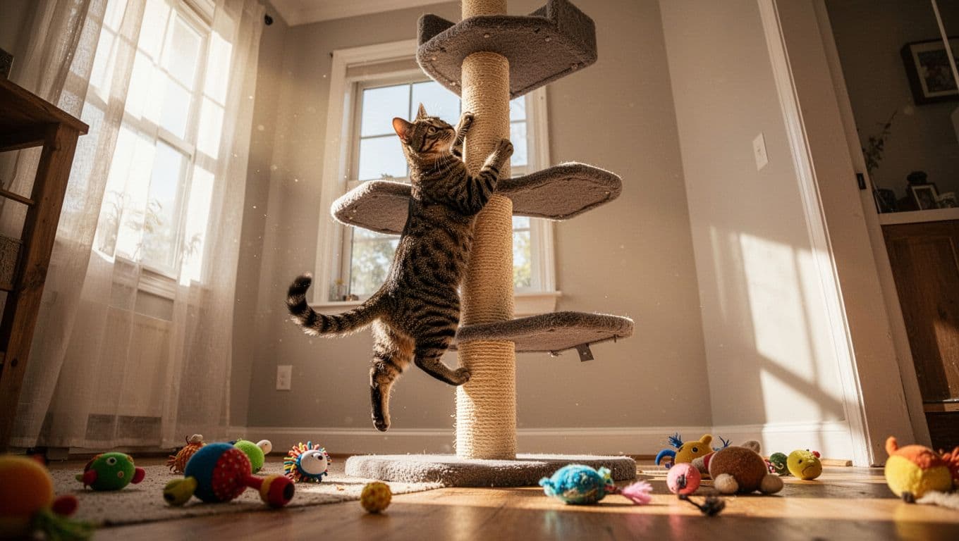 A tabby cat climbs a tall scratching post with climbing shelves in a sunlit room, toys scattered below, captured from a dynamic low angle with cinematic style, strong contrast, and dramatic lighting.