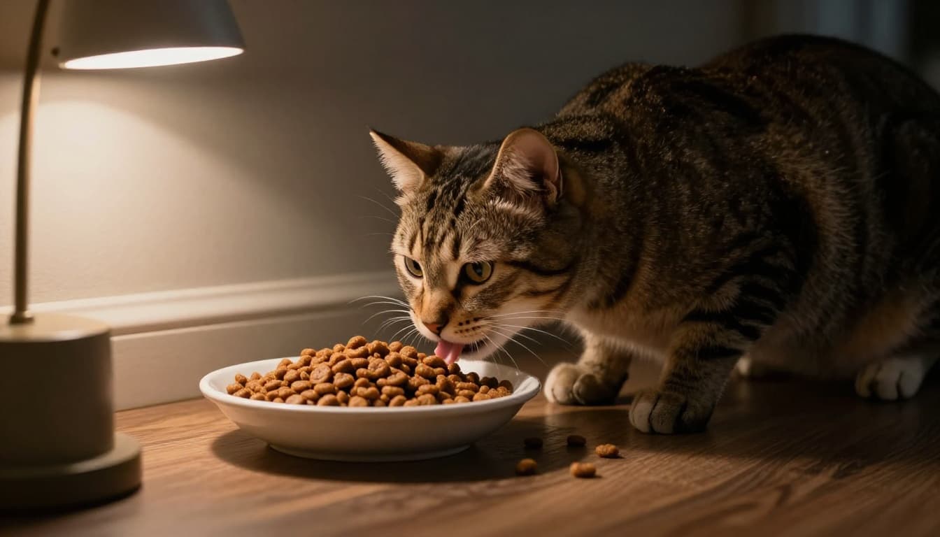 A tabby cat laps wet food from a dish next to a bowl of dry kibble in a cozy living room corner with soft lamp light. Side view highlights the food types in cinematic style with strong contrast and dramatic lighting.