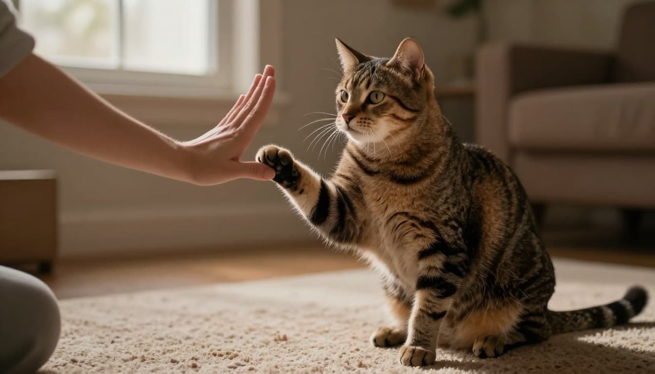 A sleek tabby cat sits attentively on a cozy living room rug, raising its paw for a high-five with the owner's hand under soft window lighting. Cinematic style with strong contrast, depth, and warm earthy tones illustrates cat training and bonding.