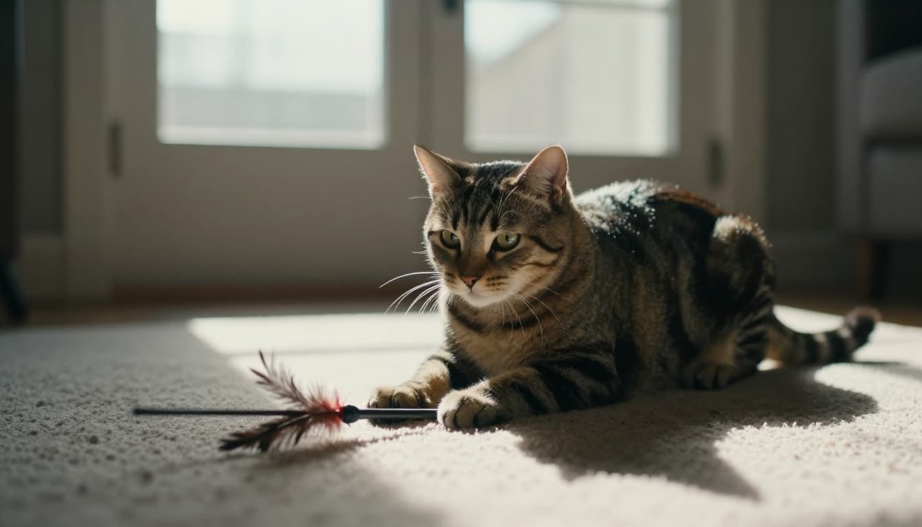 A tabby cat playfully pounces on a feather wand toy amidst a cozy living room floor with soft rug and natural window light, captured in cinematic style with dramatic lighting and strong contrast.