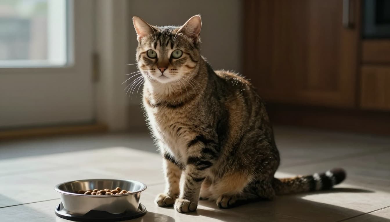 Thin domestic shorthair cat with visible ribs and protruding hip bones sits calmly on a tiled kitchen floor beside an empty food bowl, captured from a low angle in cinematic style with dramatic side lighting.