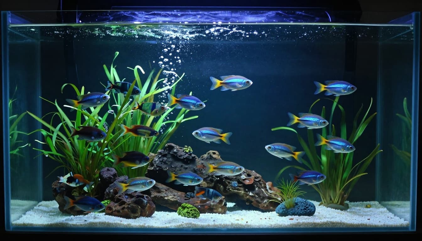 Colorful community aquarium featuring tropical fish swimming among plants and rocks, with bubbles rising in a cinematic style with strong contrast, depth, and dramatic blue-green lighting.