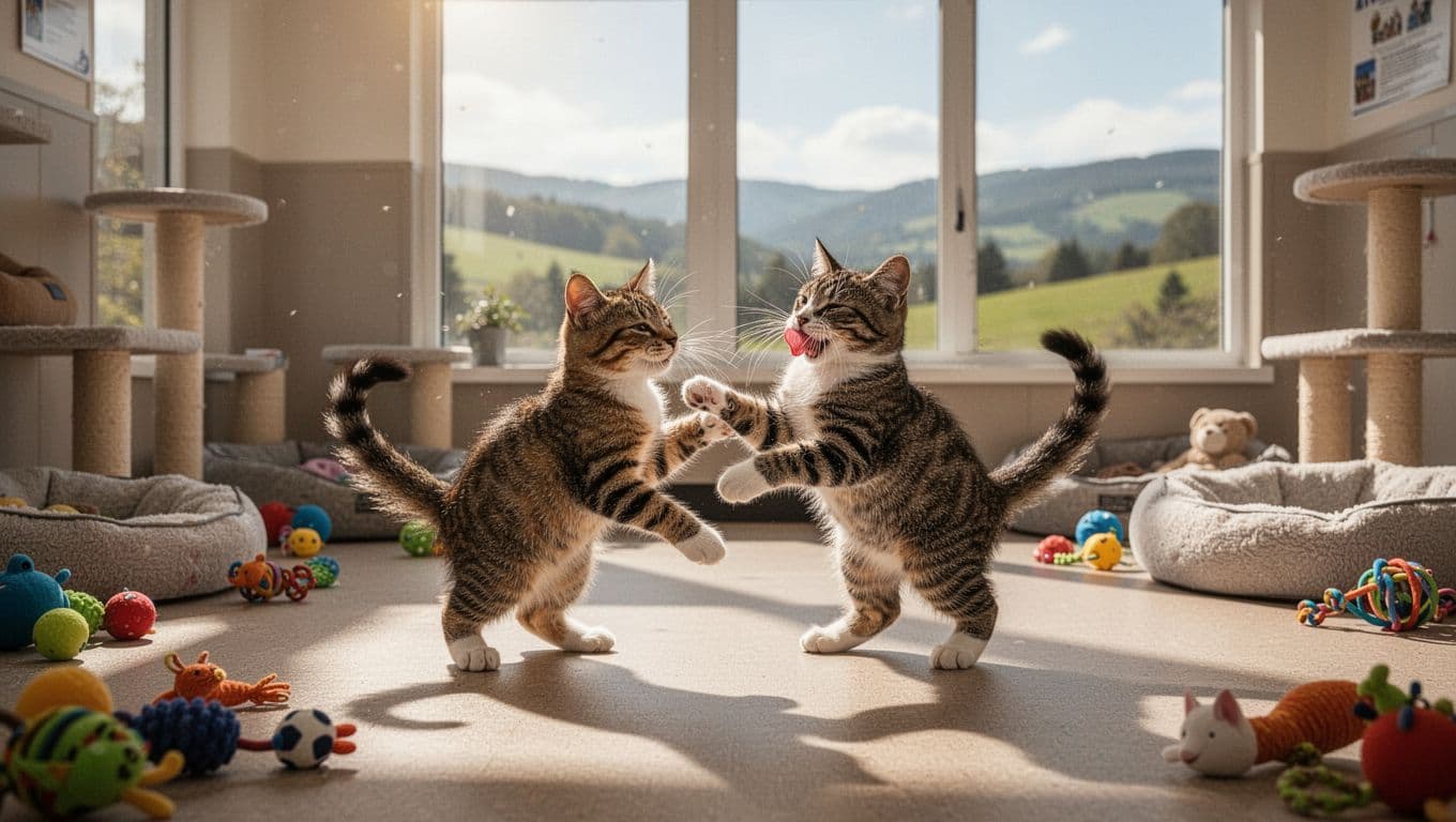 Two friendly cats play in a bright multi-cat boarding facility with toys and beds, one sneezing lightly to imply kennel cough in group settings.
