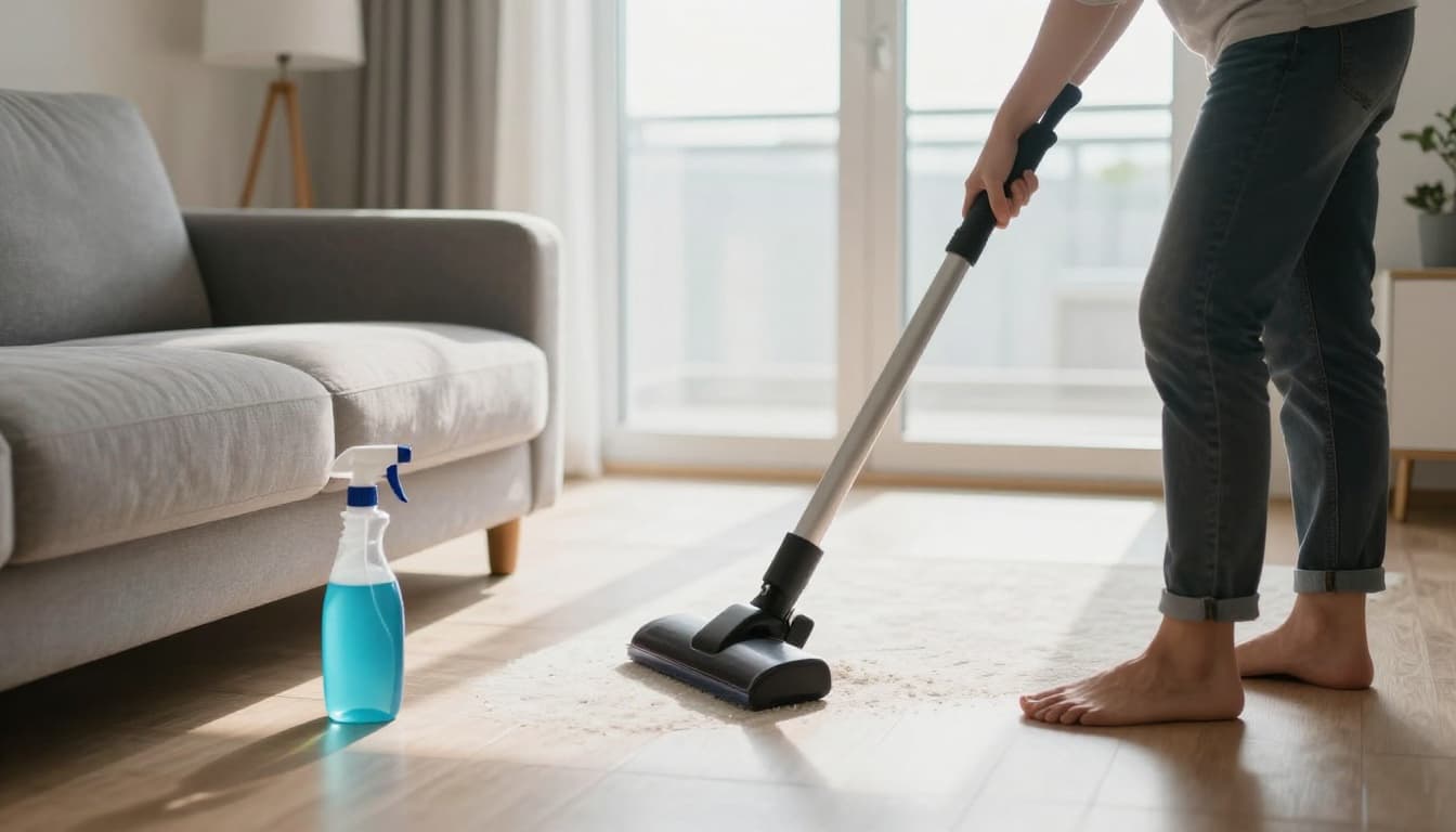 Person from back view vacuuming carpet in bright modern living room with pet bed nearby and spray bottle on floor, cinematic style with dramatic side lighting and strong contrast, depicting home cleaning routine against parasites.