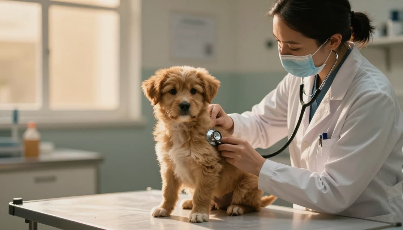 A kind veterinarian in scrubs gently examines a playful 8-week-old fluffy puppy with a stethoscope on its chest during a routine checkup in a modern veterinary clinic, illuminated by warm window light.