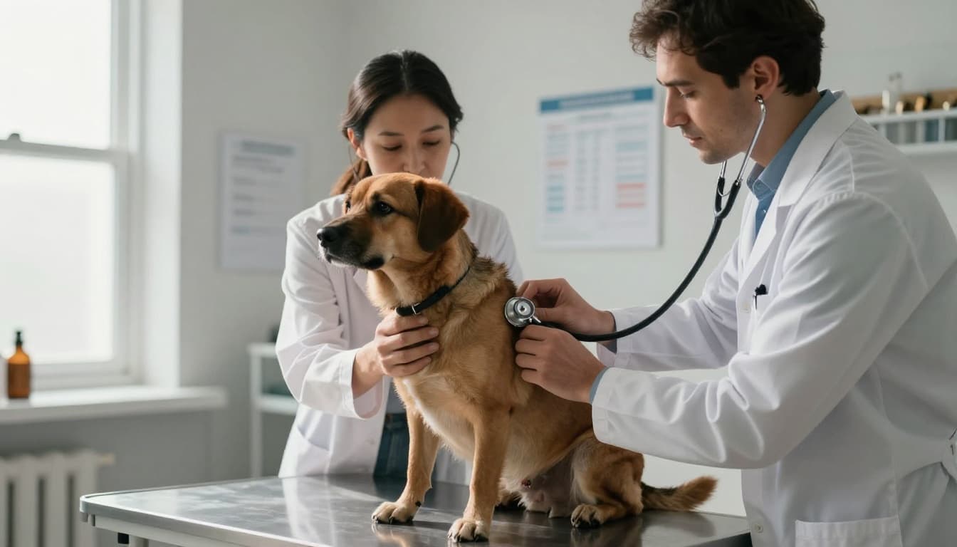 Veterinarian in white coat examines medium-sized dog on exam table using stethoscope in bright clinic, owner nearby holding leash.