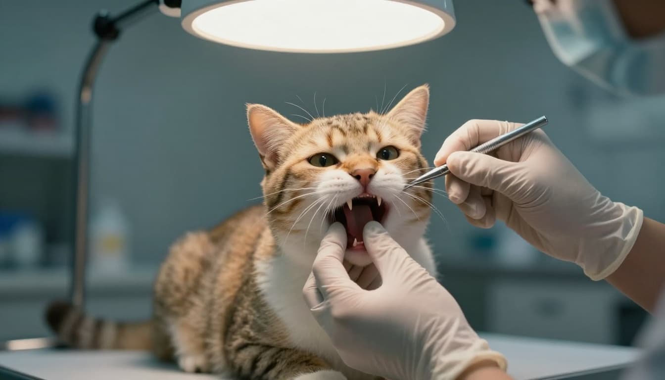 Close-up of a veterinarian gently examining a cat's mouth with gloved hands and tool, cat seated on exam table, vet clinic background blurred, cinematic style with strong contrast and dramatic lighting. Depicts dental pain check as a common cause for pets suddenly stopping eating.