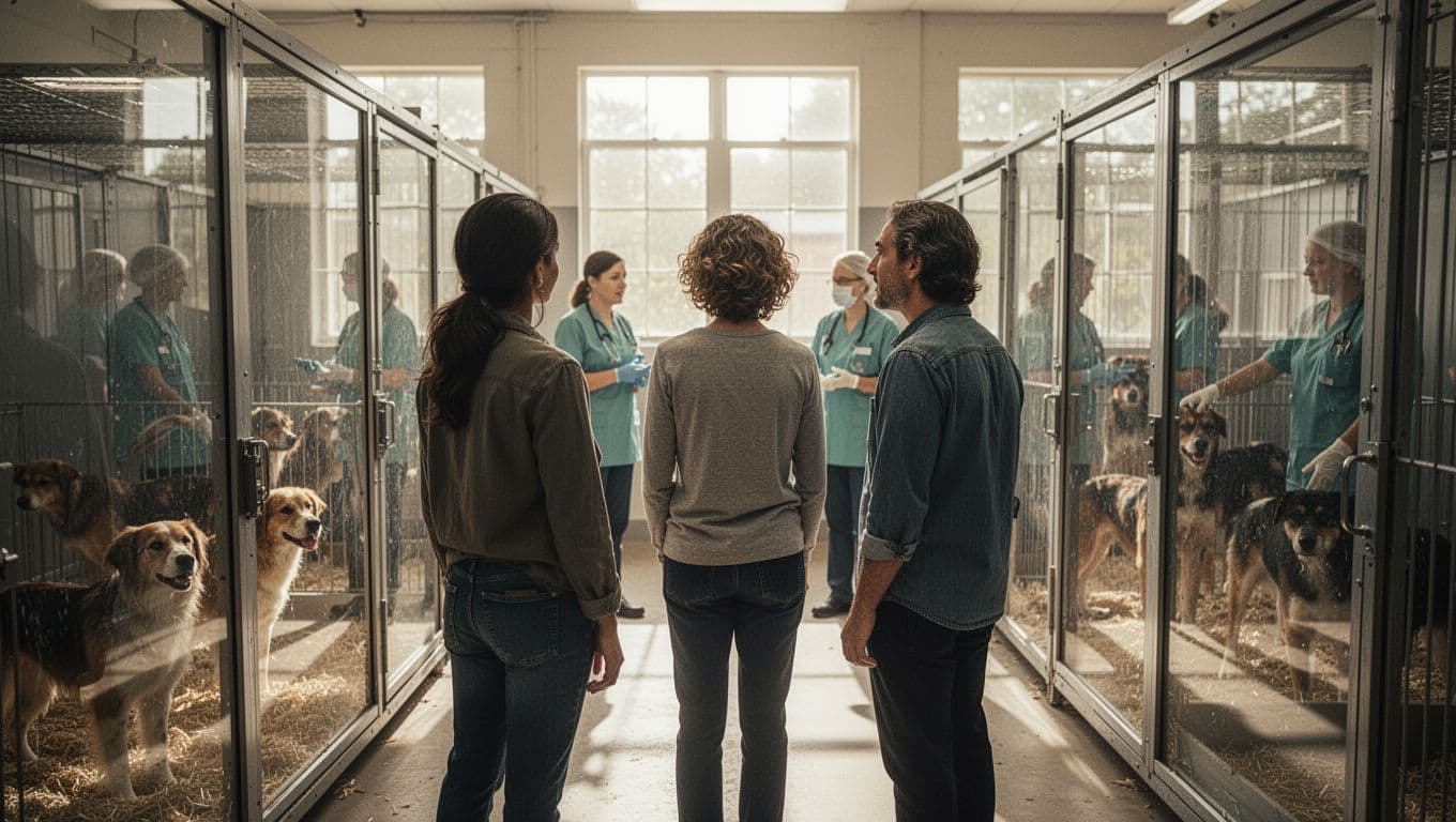 Three people visit an animal shelter, observing dogs in kennels through glass with caring staff nearby, in a cinematic style with natural daylight, strong contrast, and emotional depth.